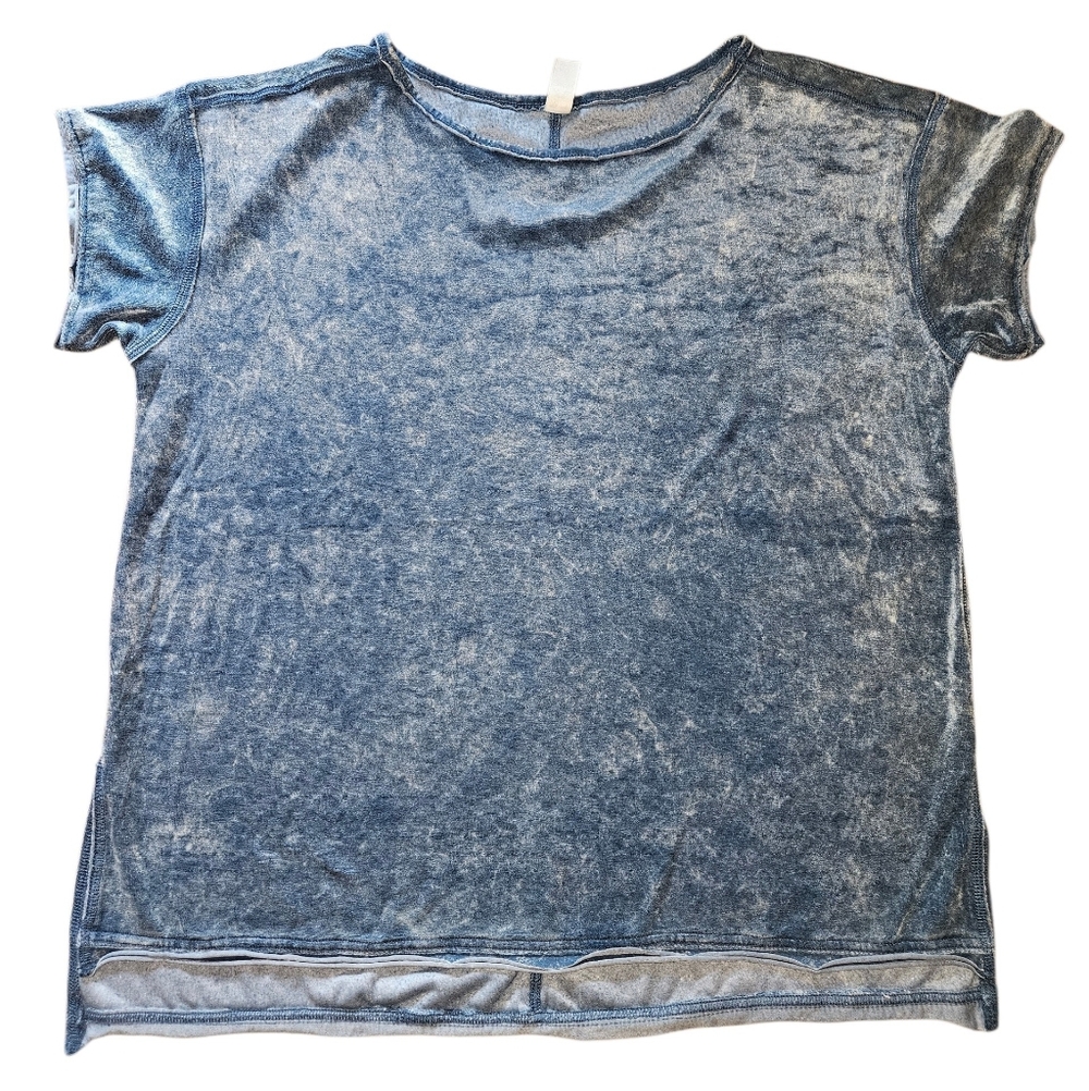 GreenTea Mineral Wash Crushed Velvet Denim Blue Short Sleeve Blouse, XXL
